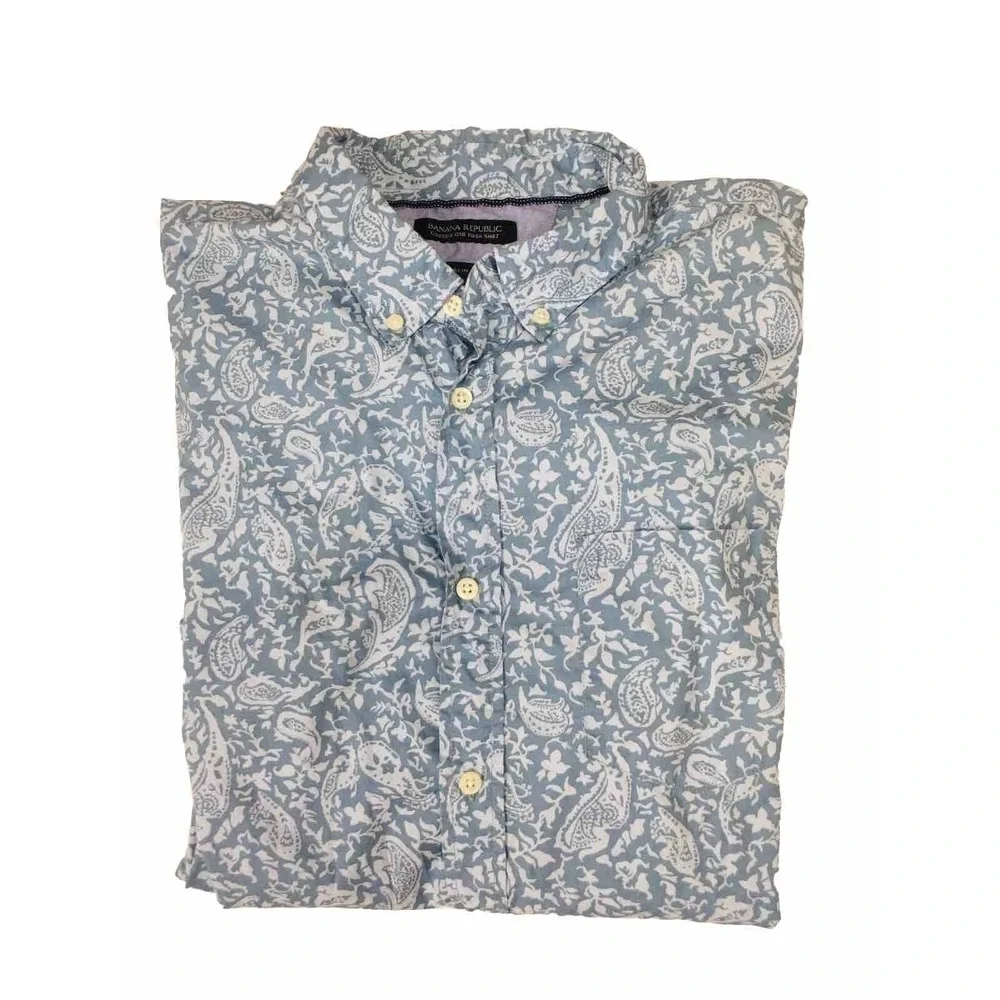 Banana Republic Mens Dress Shirt Blue Paisley Button Down Two Button Cuff‎ NEW